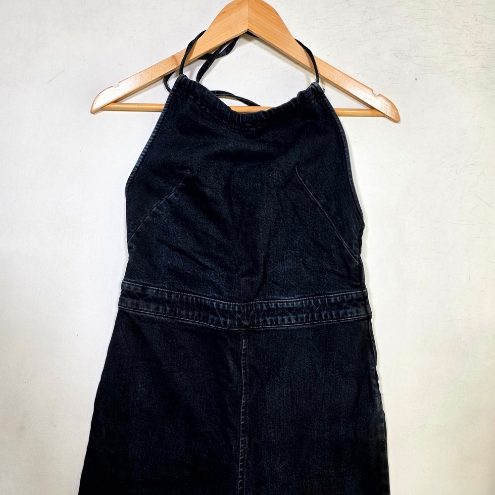 Free People Denim Halter Jumpsuit Womens 4 Black Open Back Straight Leg Overalls